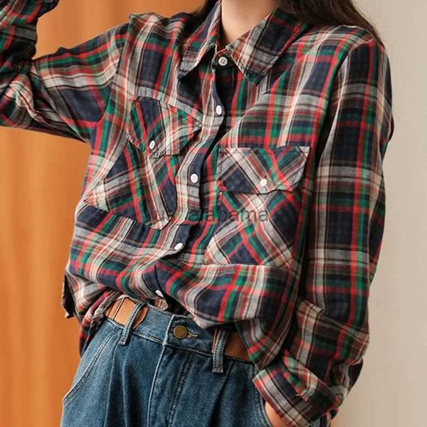 Damen Blusen Hemden Neue Herbst Winter Vintage Plaid Print Button Up Shirt für Frauen Koreanische Casual Lose Langarm Baumwolle Bluse Top Blusas Kleidung YQ231214