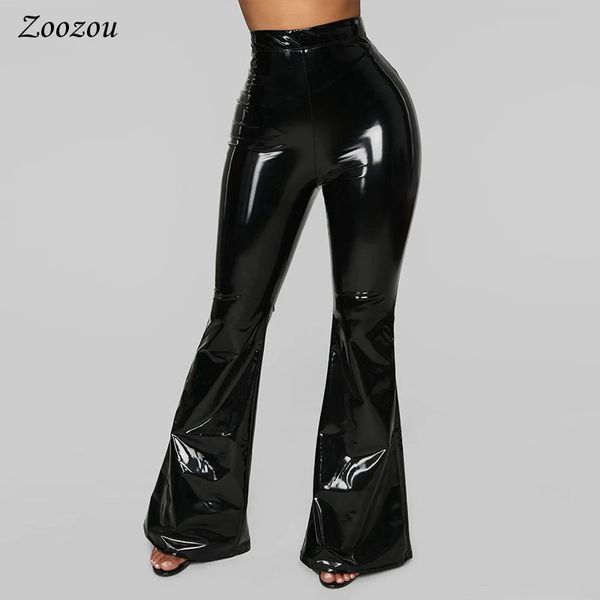 Женские брюки-капри с высокой талией из искусственной кожи, расклешенные брюки из лакированной кожи, женские узкие черные сексуальные тонкие латексные брюки, повседневные широкие брюки из искусственной кожи на заказ 231214
