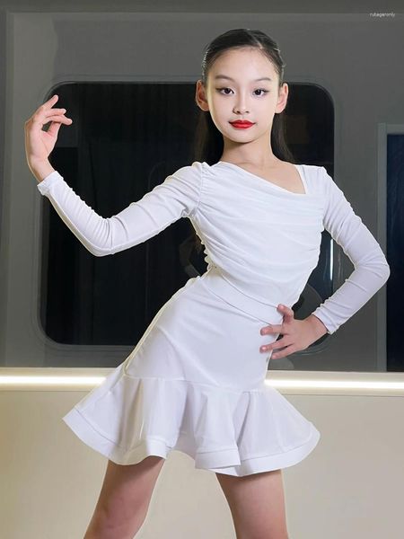 Bühne tragen weiße lateinische Tanzkleidung für Mädchen Übungskleidung mit langen Ärmeln Tops Rock Anzug Kinder Rumba Cha Show DNV18618