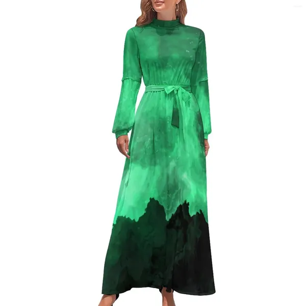 Повседневные платья Зеленое горное платье с абстрактным мраморным принтом, милое макси, корейская мода, богемное длинное платье с высокой талией, дизайн