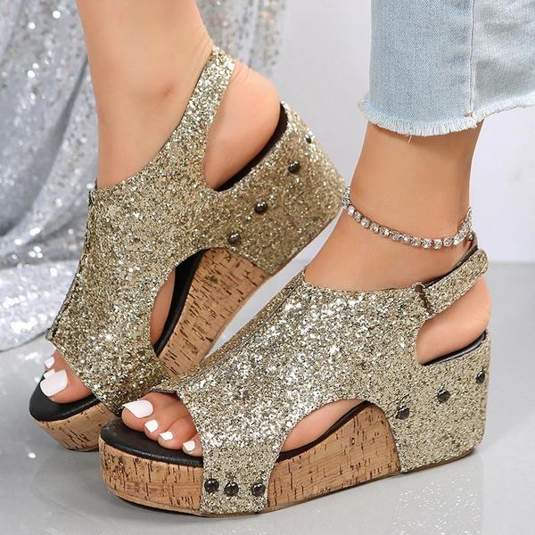 Sandálias Bling Cut Out Gold Mulheres Casual Cunhas Sapatos para Uma Linha Fivela Peep Toe Verão Gladiador Sandalias