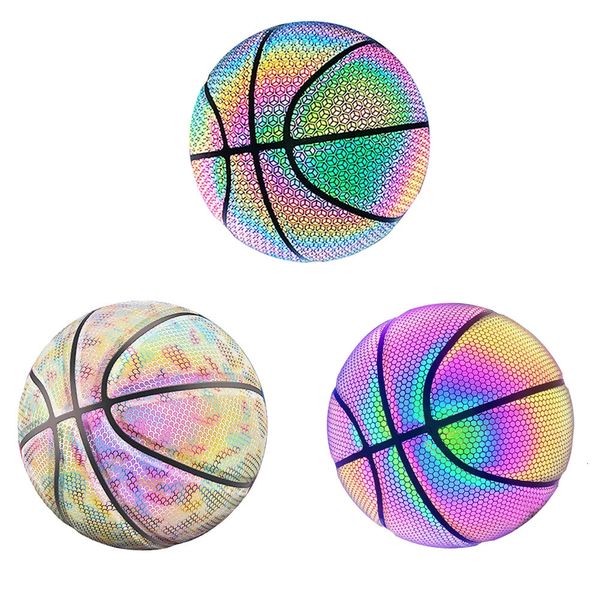 Bolas Holográficas Reflexivas Bola de Basquete PU Couro Resistente ao Desgaste Colorido Jogo Noturno Rua Brilhante Basquete com Agulhas de Ar 231213