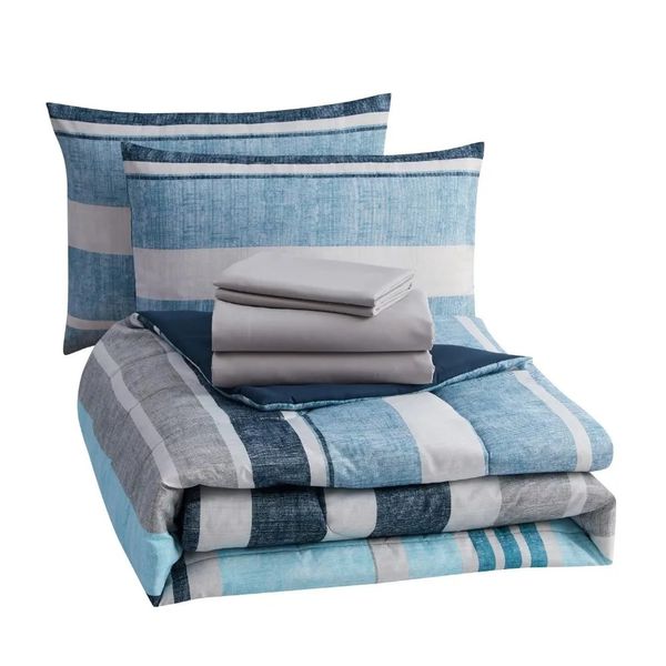 Bettwäsche-Sets, blau gestreift, 7-teiliges Bett-in-einer-Taschen-Bettdeckenset mit Laken, Bettwäsche-Set, Heimtextilien 231214