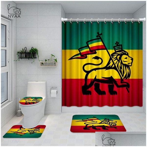 Tende da doccia Bandiera Rasta dipinta su set da bagno in legno Il leone di Giuda Arte della parete Tenda impermeabile WC Er Mat Tappeto antiscivolo D Dhpmb