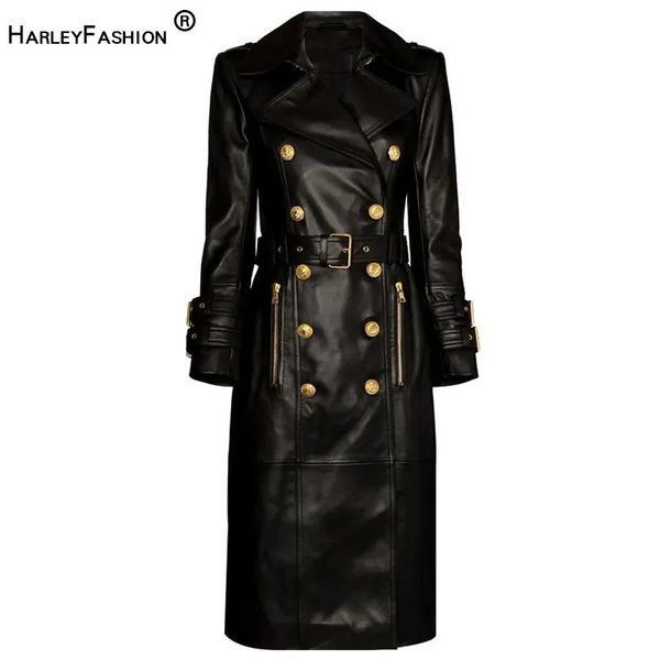 Dames trenchcoats winter luxe design dubbele rij knopen zwart PU-leer lange jassen voor dames kwaliteit straat dames trenchcoat met riem 231213