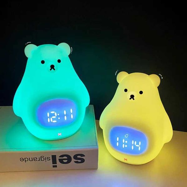 Ночные огни Светодиодная силиконовая настольная лампа с медведем Симпатичный будильник Свет для детей Детский спальный аккумуляторная ночная лампа Детский подарок YQ231214