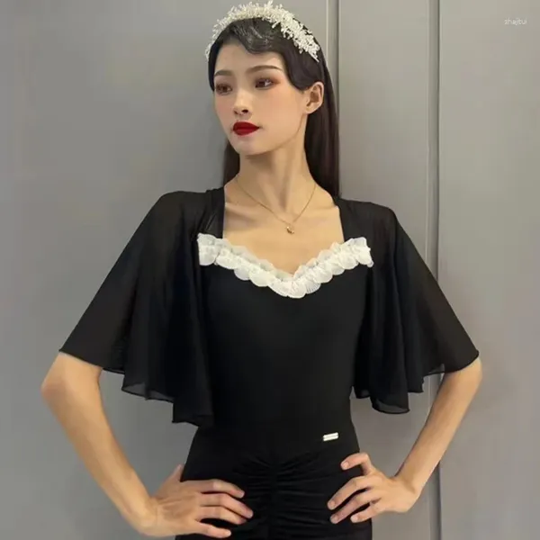 Abbigliamento da palco Abiti da ballo per sala da ballo Donne Pratica Top Maglia nera Mezze maniche Tuta per adulti Walta Abbigliamento per prestazioni latine BL11899