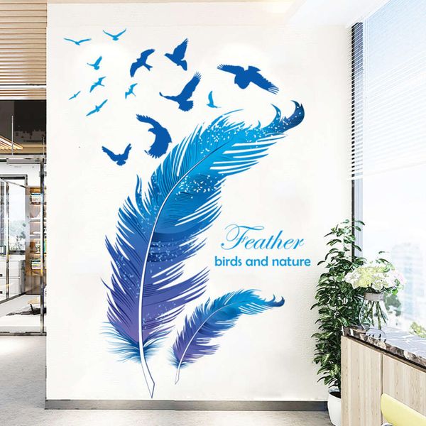 Art Blue Feather Bird Wall Stickers Soggiorno Decalcomanie da muro Acquerello disegnato a mano Natura Camera da letto Adesivi decorativi Carta da parati