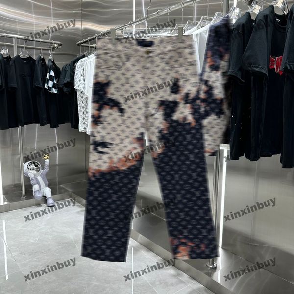 Xinxinbuy 2024 Мужские и женские дизайнерские джинсы, брюки с градиентной буквенной печатью, жаккардовые парижские наборы с вышивкой, джинсовые повседневные брюки, черные, синие, серые, S-2XL