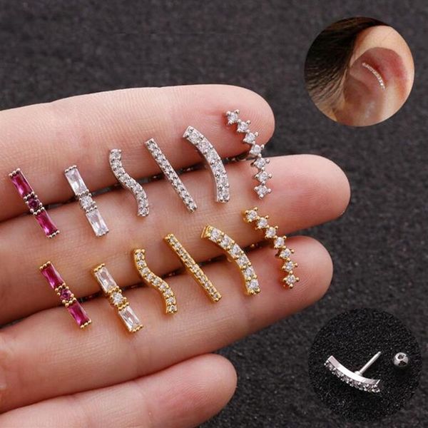 Stud 1 peça Cubic Zirconia Brincos Pequenos Mulheres Stick Wave Red Stone Crawler Cartilagem Brinco Ouro Prata Cor Earing Jewelry312O