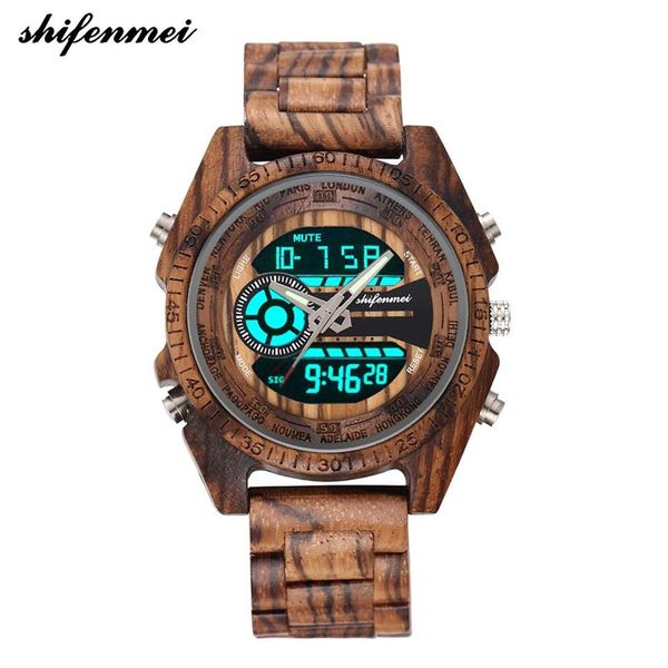 Shifenmei 2139 Antique Mens Zebra ed ebano orologi in legno con doppio display Business Watch in Wooden Digital Quartz Watch Y190515287F