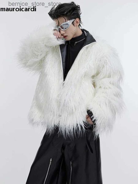 Casaco masculino de pele falsa Mauroicardi inverno curto branco grosso quente peludo macio falso mongol casaco de pele masculino de alta qualidade jaqueta fofa 2023 Q231212