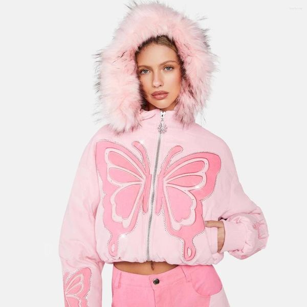 Parka invernale da donna in piumino con strass stampato a farfalla, rosa, casual, in pelliccia, con cappuccio, streetwear, giacca trapuntata corta, bomber da donna, in tessuto carino