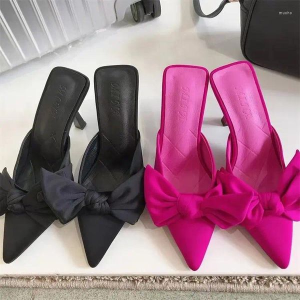 Kleid Schuhe Herbst Big Bow Damen Hausschuhe Sandalen Flacher Mund Spitz Zehen Mule Streifen High Heels Mode Sexy Slides Frauen