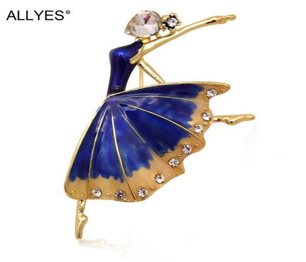 ALLYES Broches de bailarina para mulheres, joias de fantasia, moda feminina, gola, lapela, dançarina de balé, broche de cristal azul esmaltado, 8791020