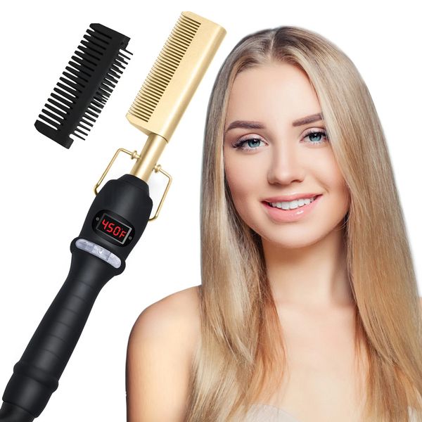 Piastra per capelli 450 ° F Pettine elettrico per parrucche Pettini pressanti per capelli neri Pettine elettrico per lisciare le donne 231213