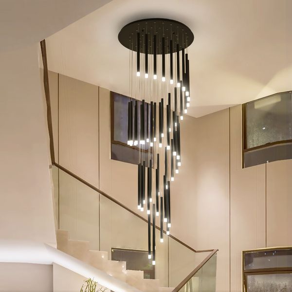2024 Iluminação lustre moderna para escada sala de estar jantar lâmpada pendente industrial loft villa lâmpada pendente de ouro preto longo downlight luz interna