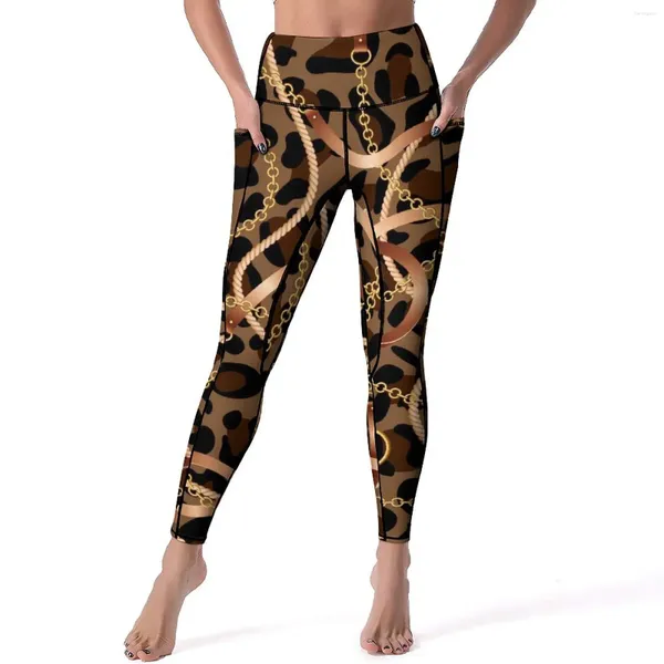 Leggings da donna Catena e cinture dorate Ghepardo leopardato Pantaloni da yoga da palestra a vita alta Leggins eleganti Collant sportivi con grafica elasticizzata Presenti