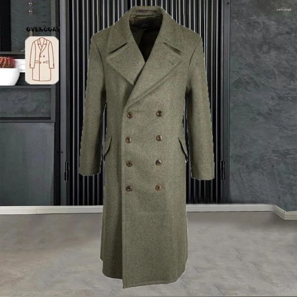 Ternos masculinos vintage 50s terno jaquetas sob medida duplo breasted casaco braço verde tweed mistura de lã trench coat longo homem blazer conjunto