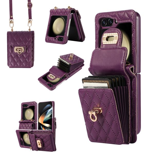 Capa de telefone carteira crossbody para Samsung Galaxy Z Flip 5 4 3 Flip5 Flip4 Flip3 5G Suporte para vários cartões de metal com alça de cordão de couro de luxo