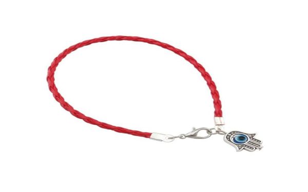 100 Stück rote geflochtene Lederschnur Kabbalah Evil Eye Hamsa Hand Charms Armbänder 20 cm Männer und Frauen Leder Glücksarmband259O952736461