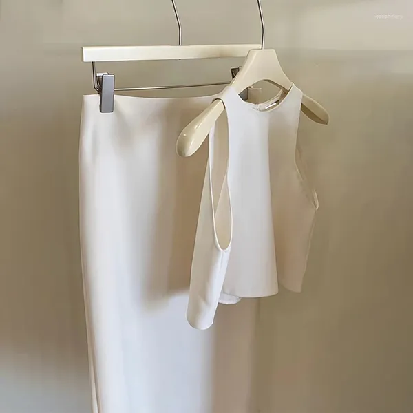 İş Elbiseleri LiGiGUYUE Vintage İki Parçalı Set Fransız Işık Lüks Beyaz Kolsuz Yüksek Bel Etek Takımlar Kadınlar Zarif İnce Yaz Kıyafetleri