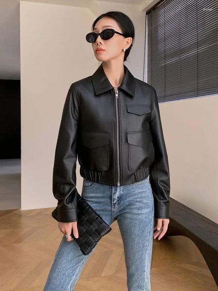 Damen Leder echte kurze Motorradjacke für Frauen 2023 Trend High-End schlank Reißverschluss schwarz echte Schaffell Mantel