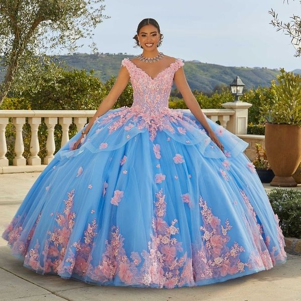 Sky Mavisi V-Neck Ball Roow Quinceanera Elbiseler Boncuklu Ünlü Parti Elbiseleri Aplike Çiçek Mezuniyeti Vestido de 15 Anos Robe De