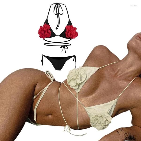 Costumi da bagno da donna G92F Costume da bagno a due pezzi con triangolo e bikini a taglio alto con fiori 3D da donna