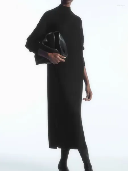 Vestidos casuais mulheres outono ajuste meia gola lã mistura vestido preto