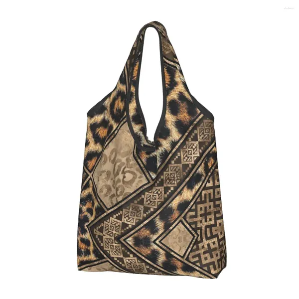 Sacos de compras Pele de leopardo com ornamentos étnicos saco dobrável capacidade de mercearia marrom padrão animal bolsa de reciclagem