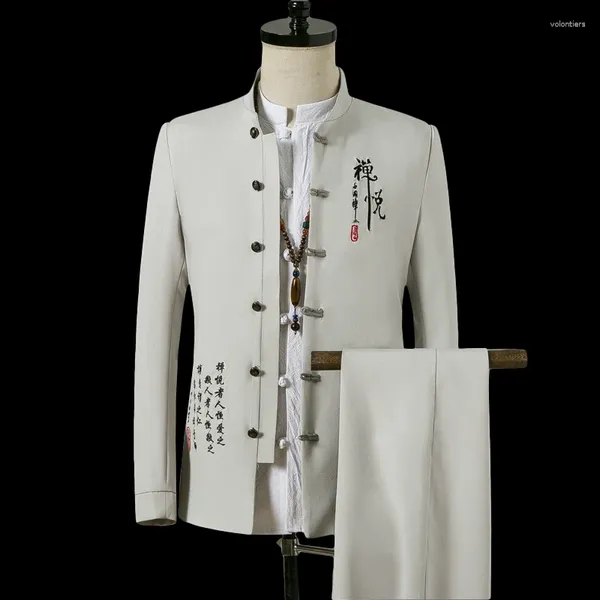 Мужские костюмы 4XL, однобортный китайский тип, туника с длинным рукавом, куртка, брюки, свадебный костюм для мужчин, 2023, уличная одежда, 2 предмета, офисная одежда XXXXL