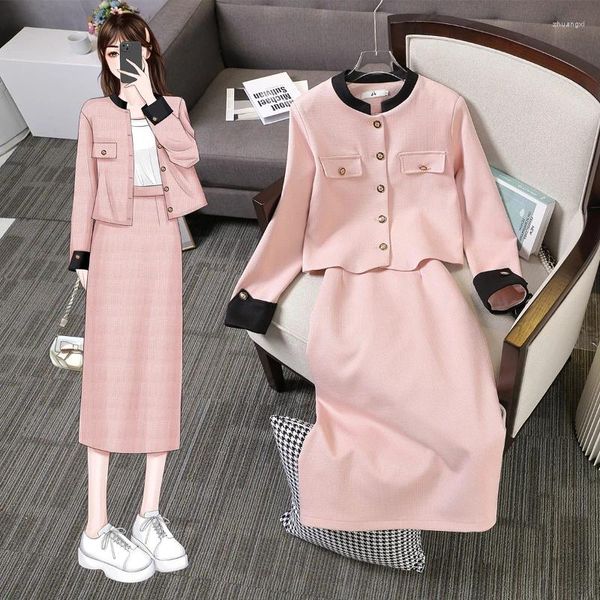 Vestido de duas peças unxx outono feminino saia terno o pescoço rosa doce manga longa blazers topos em linha reta meados de bezerro saias conjuntos coreanos