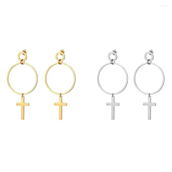 Orecchini a cerchio BONISKISS Moda di arrivo Croce Goccia Colore argento Grande cerchio rotondo Etnico con perno in acciaio inossidabile per donne ragazze