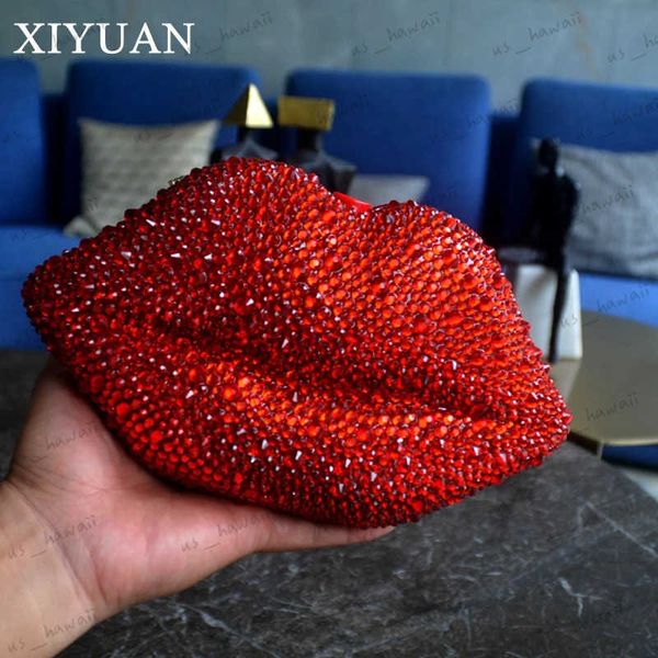 Akşam çantaları xiyuan lüks kırmızı dudak çantası el yapımı elmas akşam çantası kadınlar için düğün gelin debriyajı pueses rhinestones yemek partisi balo çanta t231214