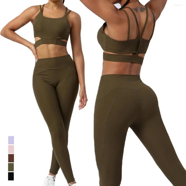 Conjuntos ativos mulheres yoga terno costela tecido sutiã esportivo leggings definir ginásio superior cintura alta calças de bolso de fitness casual treino outfit