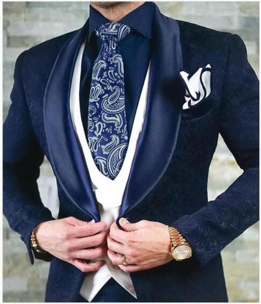 Abiti da uomo su misura blu navy modello e smoking da sposo avorio scialle in raso risvolto Groomsmen matrimonio uomo giacca pantaloni gilet T4191785