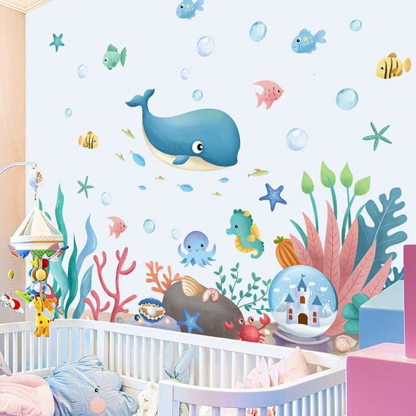 105*91cm dos desenhos animados oceano animais adesivos de parede para quarto das crianças baleia peixe decoração para casa pvc vinil decoração do quarto do bebê removível