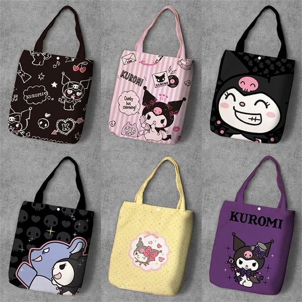 Kuromi estudante dos desenhos animados impresso lona reciclar saco de compras grande capacidade personalizar tote moda senhoras sacos de ombro casuais 20091307c