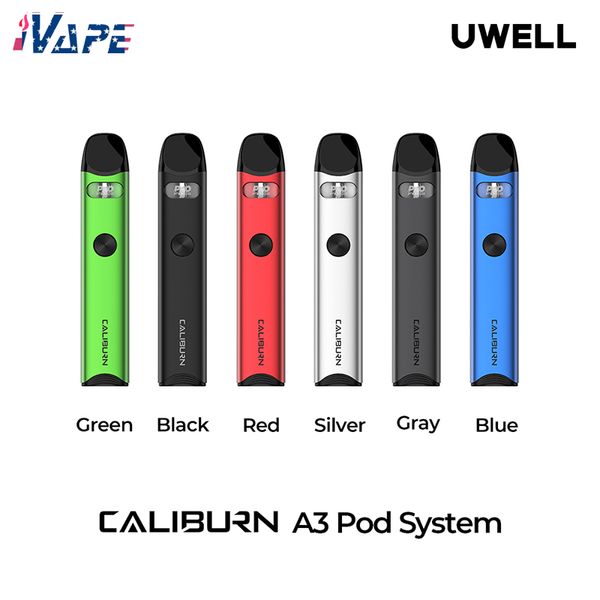 Original UWELL CALIBURN A3 Pod System Kit 520mAh 13W com 2ML Caliburn-A3 recarregável Pod-Cartridge FeCrAl Meshed 1.0ohm Vaporizador E-cigarro Vape Kit