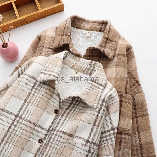 Blusas femininas camisas 2023 nova camisa para mulheres quente pelúcia solta senhora blusas moda manga longa camisa de lã pesada feminino casaco espessamento yq231214