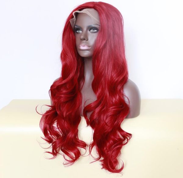 Sexy borgonha vermelho onda do corpo perucas longas com cabelo do bebê sem cola perucas dianteiras do laço sintético brasileiro para preto resistente ao calor 6303194