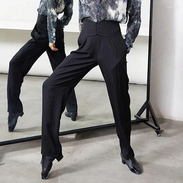 Palco desgaste calças de dança latina homens cintura alta solta preto prática calças adulto cha ballroom competição roupas