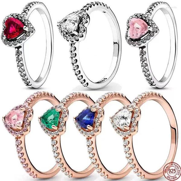 Anéis de cluster 925 anel de prata esterlina coração vermelho colorido cristal ajuste pulseiras senhoras diy jóias requintadas como um presente para amigos