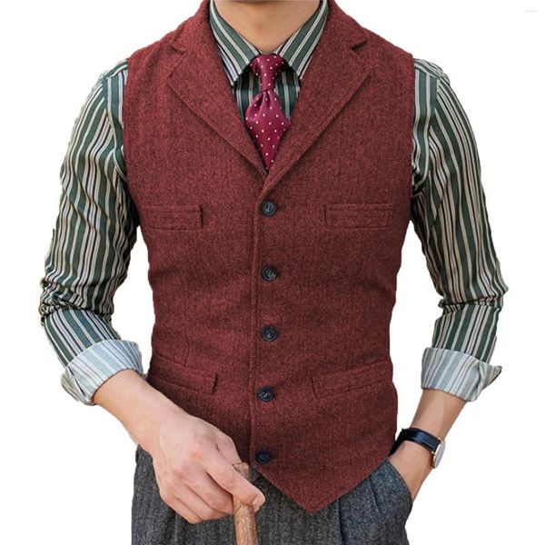 Coletes masculinos homens colete borgonha v pescoço herringbone tweed colete notch lapela para negócios formal padrinhos