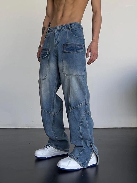 Jeans da uomo gamba larga uomo pantaloni patchwork dritti denim per uomo streetwear Jean pantaloni larghi oversize da ragazzo D106