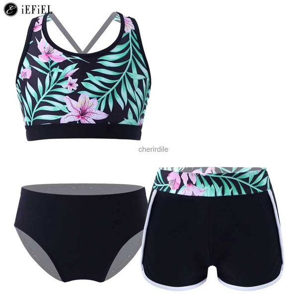 Damen-Bademode für Kinder und Mädchen, 3-teiliges Tankini-Set, Blumendruck, Criss Cross Back Crop Tops mit Boyshort-Hose, Strand-Sport-Badebekleidung, Badeanzug YQ231218