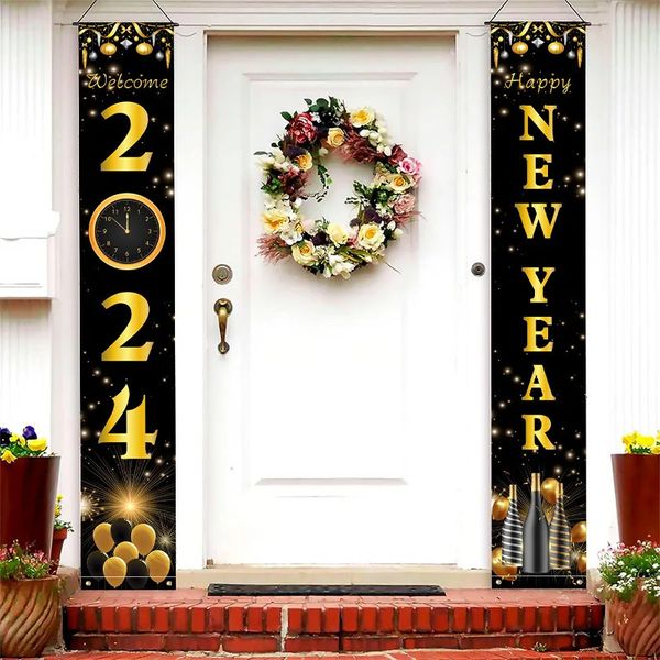 Weiteres Partyzubehör für Veranstaltungen, hängende Dekoration „Happy Year 2024“, schwarz-goldene dekorative Wandpaare, Silvesterparty-Hängebanner für die Wanddekoration 231214