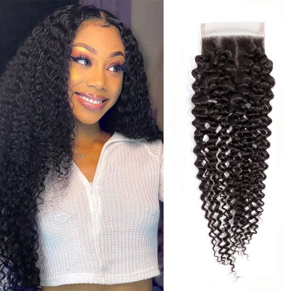 Kinky encaracolado 4x4 fechamento de renda brasileira virgem cabelo humano transparente laço suíço parte livre pré arrancado com cabelo do bebê natural preto