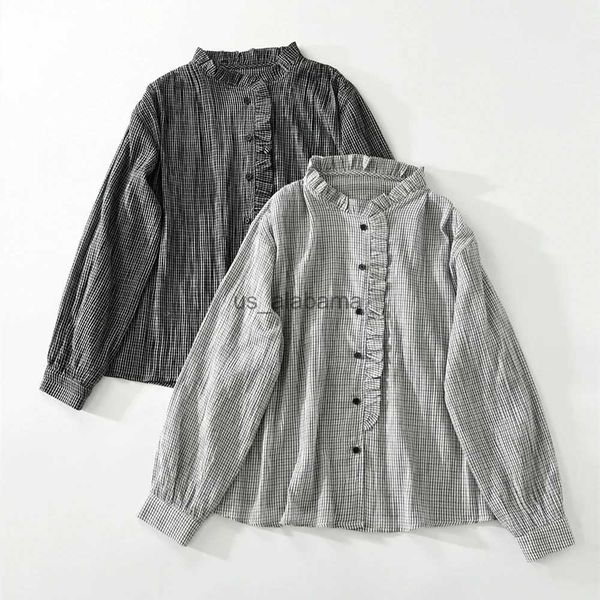 Blusas femininas camisas vintage algodão xadrez gola babados blusa de manga longa primavera estilo japonês escritório senhora elegante eduardiano único breasted camisa yq231214